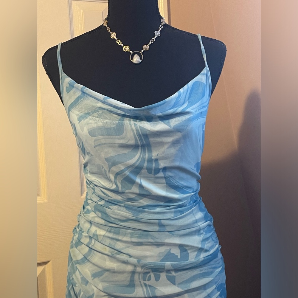 Blue Marble Print Cowl Neck Slip Dress